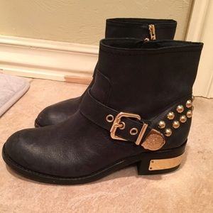 Vince camuto black and gold studded moto boots